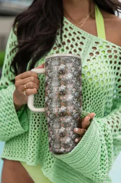 Best Dear-Lover Flower Print Handle Stainless Steel Portable Cup 40OZ Guacamole Green
