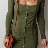 Best Dear-Lover Rib Knit Square Neck Buttoned Long Sleeve Mini Dress Guacamole Green