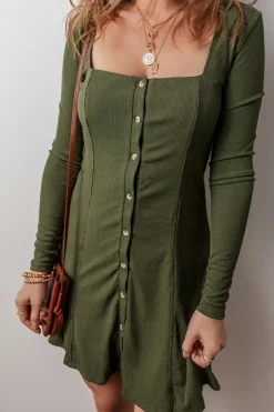 Best Dear-Lover Rib Knit Square Neck Buttoned Long Sleeve Mini Dress Guacamole Green