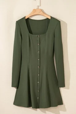 Best Dear-Lover Rib Knit Square Neck Buttoned Long Sleeve Mini Dress Guacamole Green