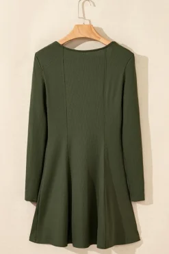 Best Dear-Lover Rib Knit Square Neck Buttoned Long Sleeve Mini Dress Guacamole Green