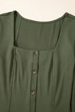 Best Dear-Lover Rib Knit Square Neck Buttoned Long Sleeve Mini Dress Guacamole Green