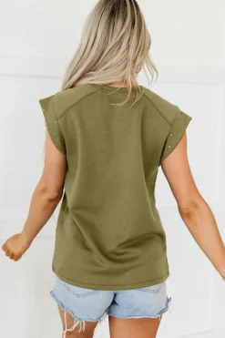 Online Dear-Lover Studded Short Sleeve Top Guacamole Green