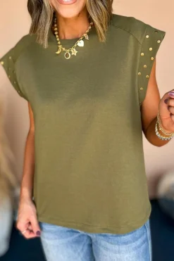Online Dear-Lover Studded Short Sleeve Top Guacamole Green