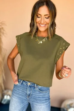 Online Dear-Lover Studded Short Sleeve Top Guacamole Green