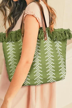 Best Dear-Lover Two Tone Woven Tasseled Trim Large Shoulder Bag Guacamole Green