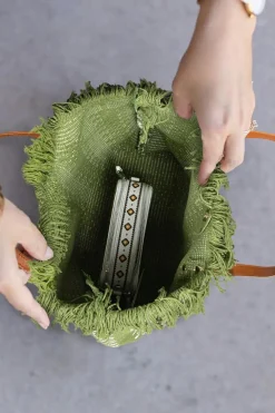 Best Dear-Lover Two Tone Woven Tasseled Trim Large Shoulder Bag Guacamole Green