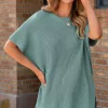 Online Dear-Lover Short Sleeve Side Slit Oversized Sweater Haze Blue