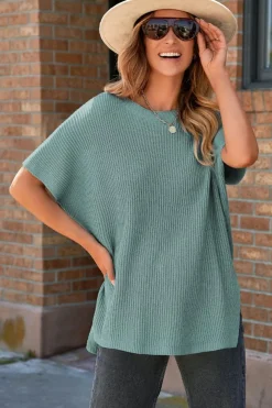 Online Dear-Lover Short Sleeve Side Slit Oversized Sweater Haze Blue