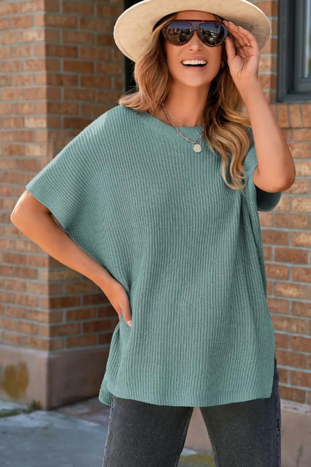 Online Dear-Lover Short Sleeve Side Slit Oversized Sweater Haze Blue