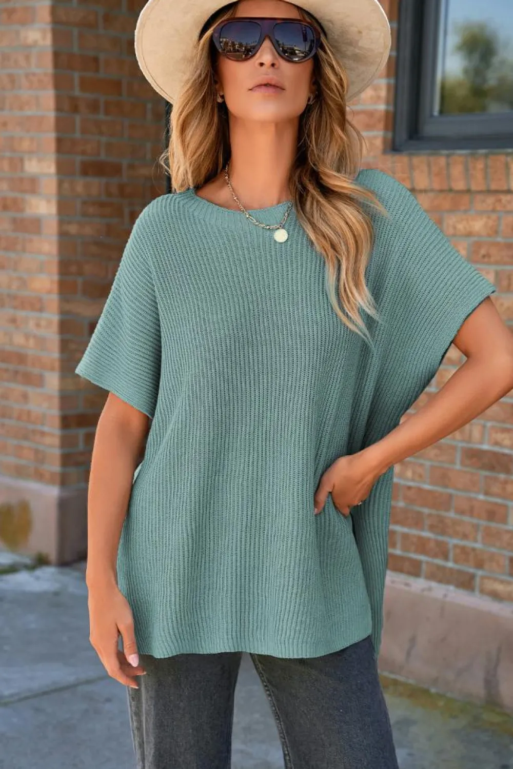 Online Dear-Lover Short Sleeve Side Slit Oversized Sweater Haze Blue