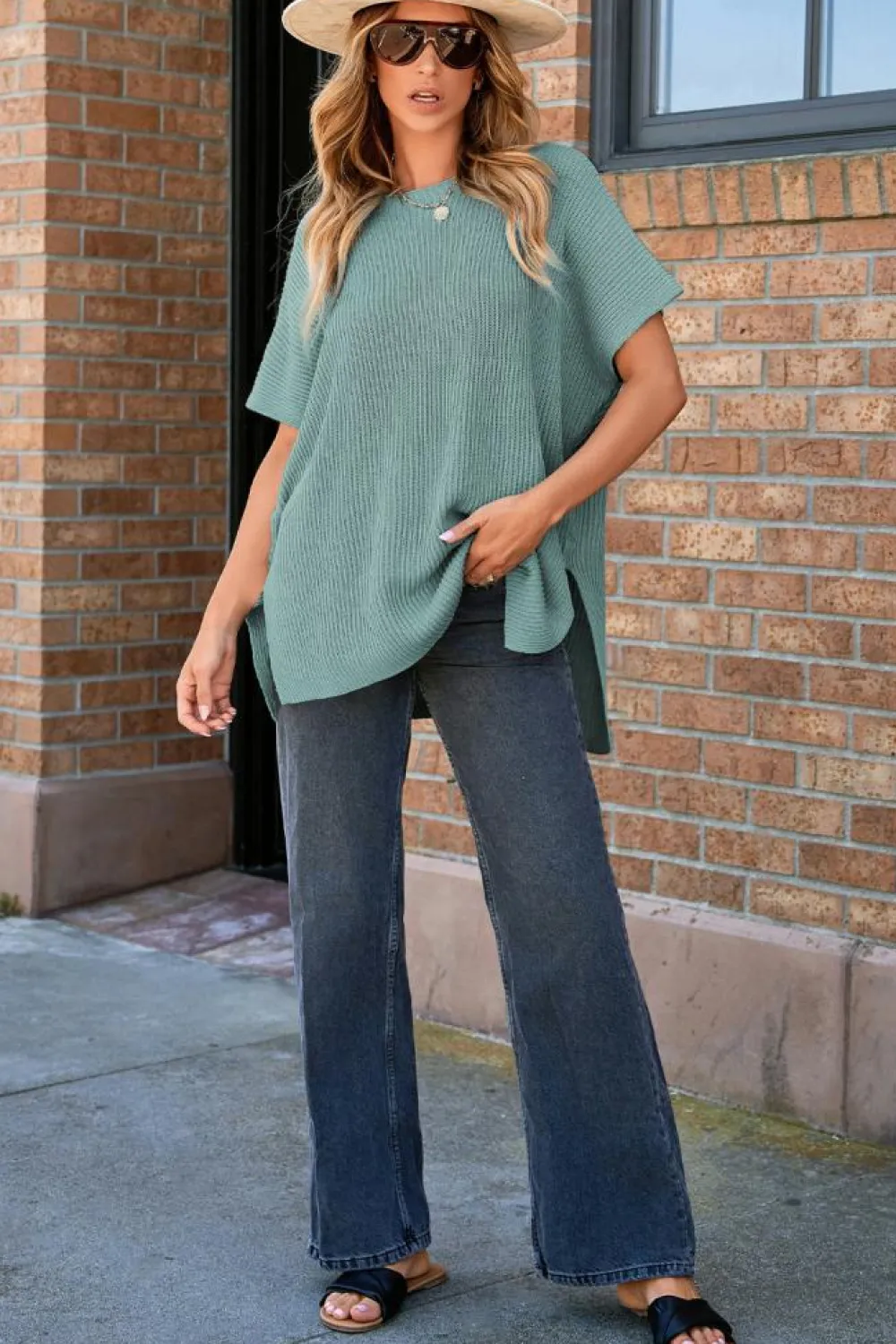 Online Dear-Lover Short Sleeve Side Slit Oversized Sweater Haze Blue