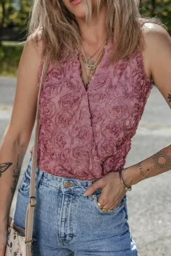 Hot Dear-Lover Floral Textured V Neck Wrapped Sleeveless Bodysuit Heather