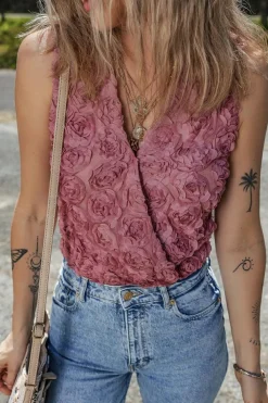 Hot Dear-Lover Floral Textured V Neck Wrapped Sleeveless Bodysuit Heather
