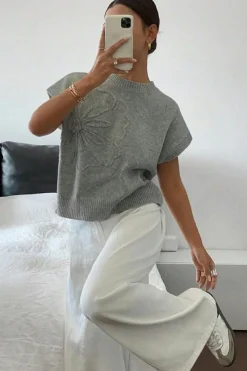 New Dear-Lover High Flower Pattern Ribbed Trim Short Sleeve Boxy Sweater High-rise