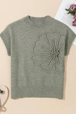 New Dear-Lover High Flower Pattern Ribbed Trim Short Sleeve Boxy Sweater High-rise