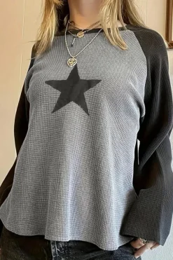 Discount Dear-Lover High Waffle Knit Colorblock Star Patch Graphic Raglan Top High-rise