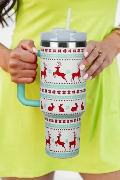 Fashion Dear-Lover Christmas Print Handled Stainless Steel Tumblers 40oz Iceland Blue