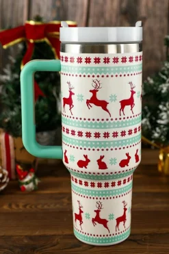 Fashion Dear-Lover Christmas Print Handled Stainless Steel Tumblers 40oz Iceland Blue