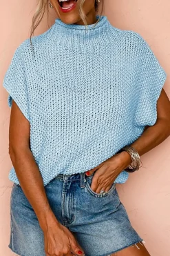 Best Dear-Lover High Neck Bat Short Sleeve Sweater Iceland Blue