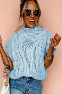 Best Dear-Lover High Neck Bat Short Sleeve Sweater Iceland Blue