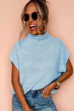 Best Dear-Lover High Neck Bat Short Sleeve Sweater Iceland Blue