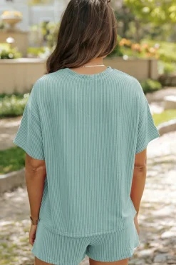 Best Dear-Lover Ribbed Textured Knit Loose Fit Tee and Shorts Set Iceland Blue