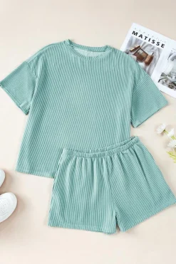 Best Dear-Lover Ribbed Textured Knit Loose Fit Tee and Shorts Set Iceland Blue