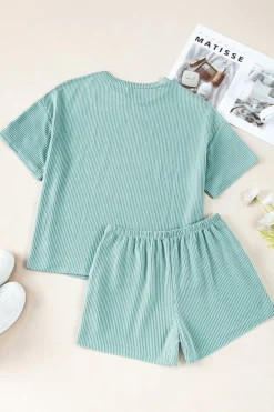 Best Dear-Lover Ribbed Textured Knit Loose Fit Tee and Shorts Set Iceland Blue