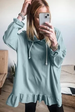Clearance Dear-Lover Solid Ruffled Hem Loose Fit Tunic Hoodie Iceland Blue