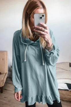 Clearance Dear-Lover Solid Ruffled Hem Loose Fit Tunic Hoodie Iceland Blue