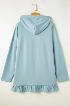 Clearance Dear-Lover Solid Ruffled Hem Loose Fit Tunic Hoodie Iceland Blue