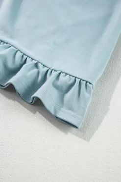 Clearance Dear-Lover Solid Ruffled Hem Loose Fit Tunic Hoodie Iceland Blue