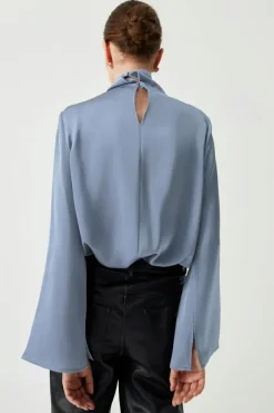 Discount Dear-Lover Asymmetric Pleated Turtleneck Bell Sleeve Blouse Ivy