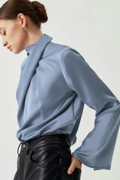 Discount Dear-Lover Asymmetric Pleated Turtleneck Bell Sleeve Blouse Ivy