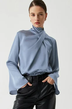 Discount Dear-Lover Asymmetric Pleated Turtleneck Bell Sleeve Blouse Ivy