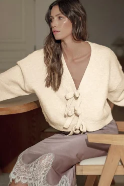 Sale Dear-Lover Bowknot Front Loose V Neck Knitted Cardigan Jet Stream