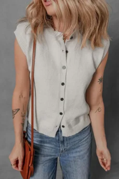 Best Dear-Lover Button Up O Neck Sweater Vest Jet Stream