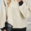 Outlet Dear-Lover Color Block Edge Raglan Sleeve Crew Neck Textured Top Jet Stream