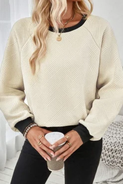 Outlet Dear-Lover Color Block Edge Raglan Sleeve Crew Neck Textured Top Jet Stream