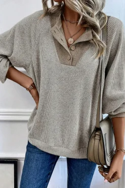 Hot Dear-Lover Color Contrast Ribbed Loose Fit Long Sleeve Top Jet Stream