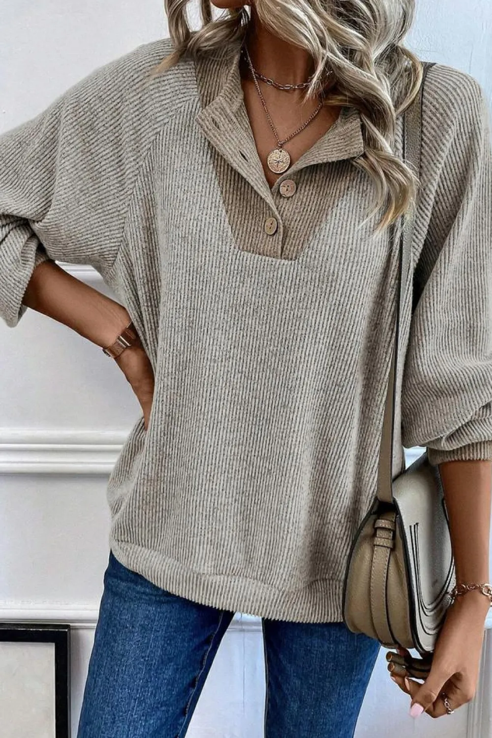 Hot Dear-Lover Color Contrast Ribbed Loose Fit Long Sleeve Top Jet Stream