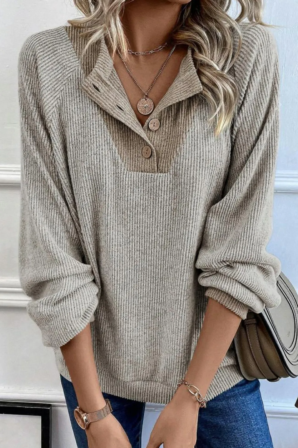 Hot Dear-Lover Color Contrast Ribbed Loose Fit Long Sleeve Top Jet Stream