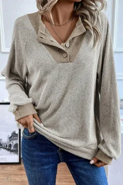 Hot Dear-Lover Color Contrast Ribbed Loose Fit Long Sleeve Top Jet Stream