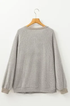 Hot Dear-Lover Color Contrast Ribbed Loose Fit Long Sleeve Top Jet Stream