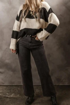 Hot Dear-Lover Colorblock Loose Pullover Sweater Jet Stream