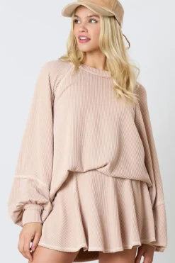 Discount Dear-Lover Corded Lantern Sleeve Top High Waist Ruffled Mini Skirt Set Jet Stream