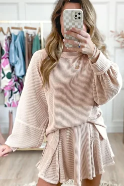 Discount Dear-Lover Corded Lantern Sleeve Top High Waist Ruffled Mini Skirt Set Jet Stream