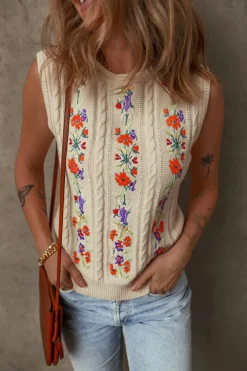Discount Dear-Lover Embroidered Floral Cable Knit Sweater Vest Jet Stream