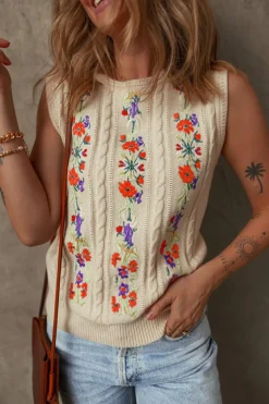 Discount Dear-Lover Embroidered Floral Cable Knit Sweater Vest Jet Stream